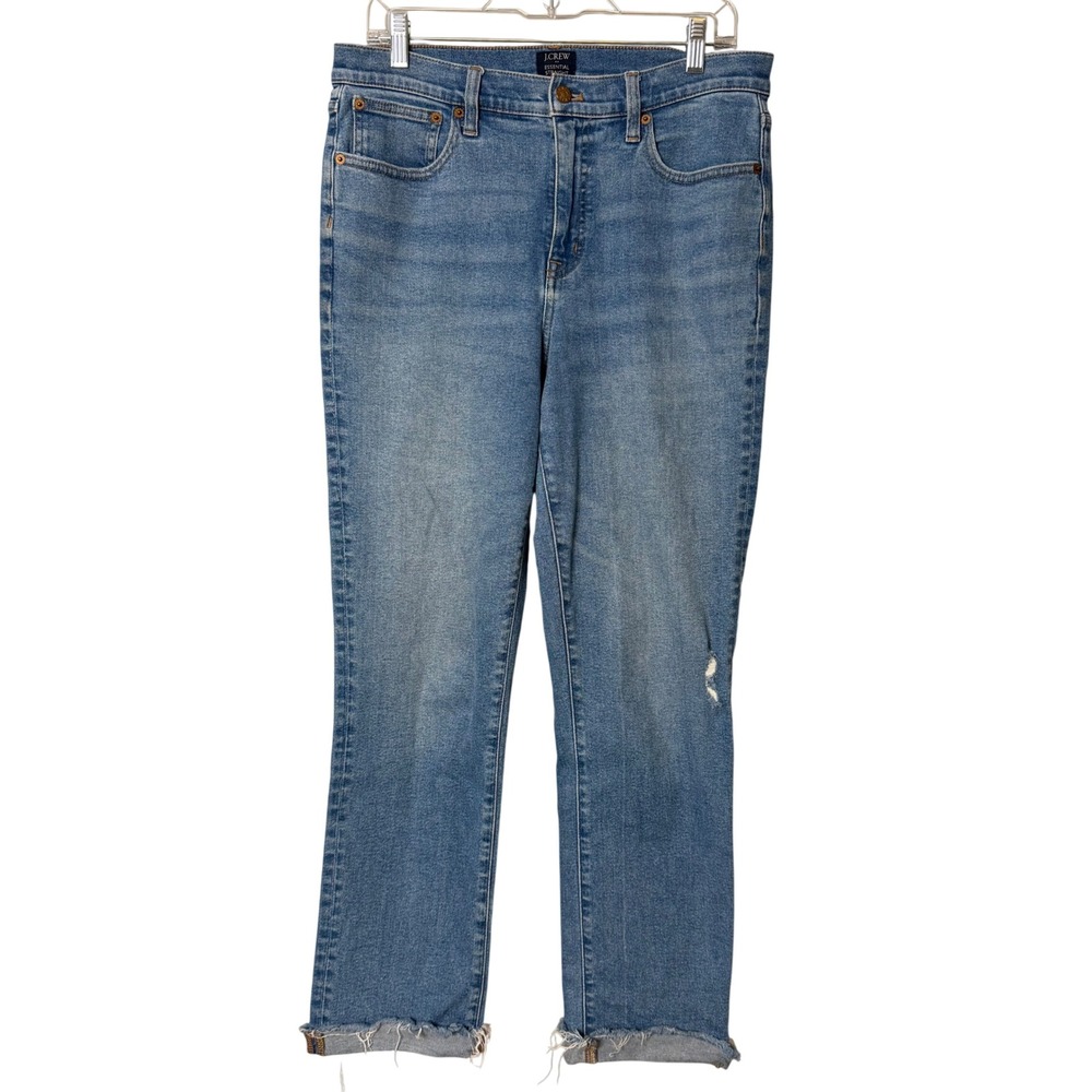 J.Crew Essential Straight Jeans Womens 29T Blue Raw Hem High Rise Stretch Denim